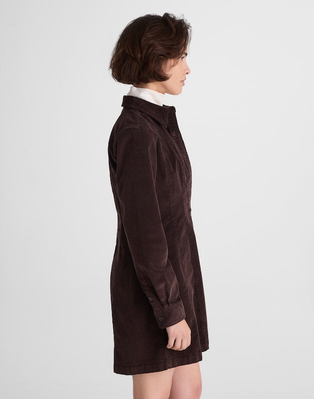 Seamed Button-Up Mini Dress in Corduroy DARK CAROB