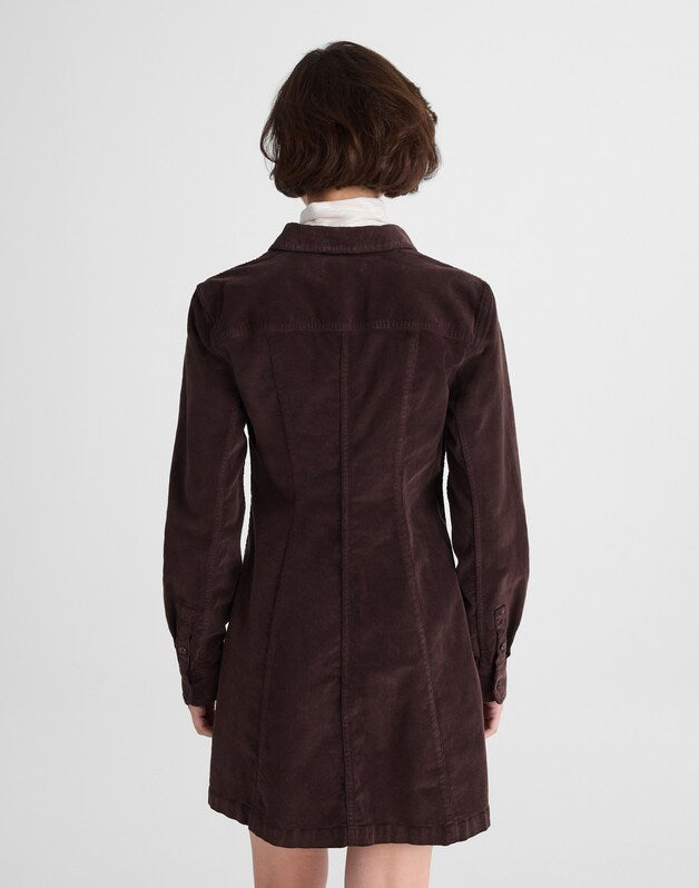 Seamed Button-Up Mini Dress in Corduroy DARK CAROB