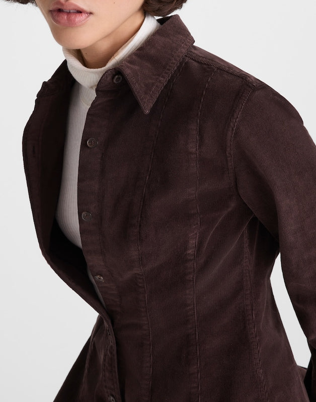 Seamed Button-Up Mini Dress in Corduroy DARK CAROB