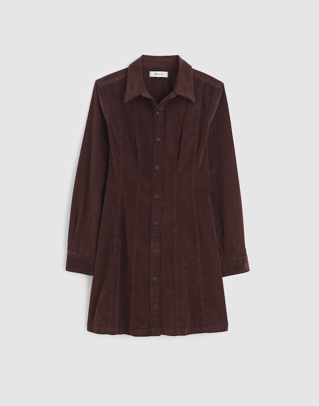 Seamed Button-Up Mini Dress in Corduroy DARK CAROB