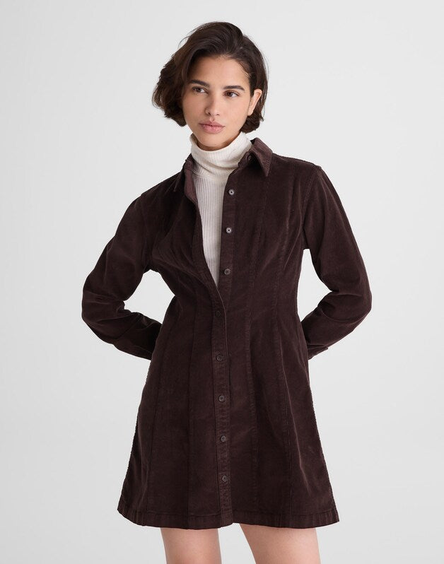 Seamed Button-Up Mini Dress in Corduroy DARK CAROB