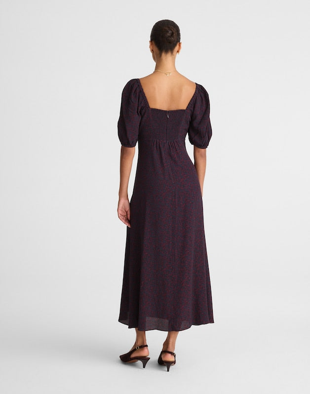 Puff-Sleeve Sweetheart Midi Dress ABSTRACT LEAF NAVY AND BURG
