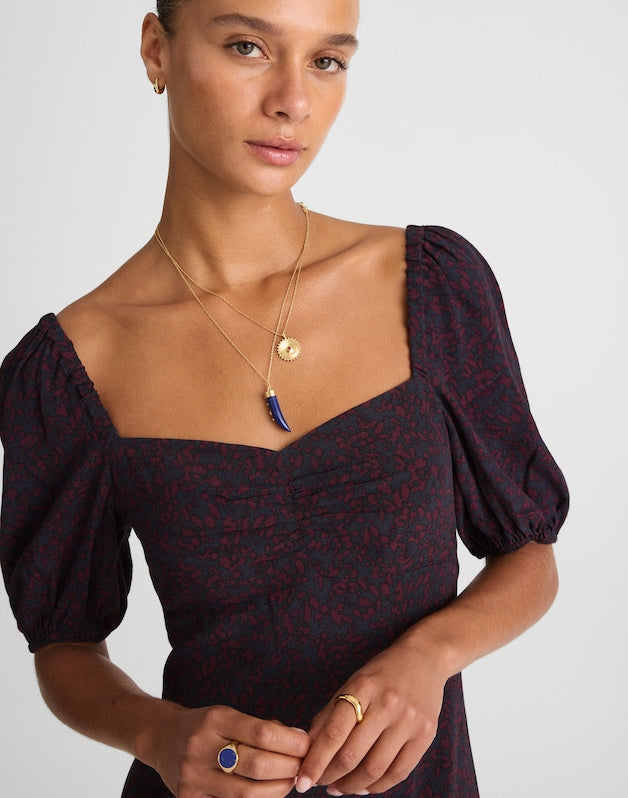 Puff-Sleeve Sweetheart Midi Dress ABSTRACT LEAF NAVY AND BURG