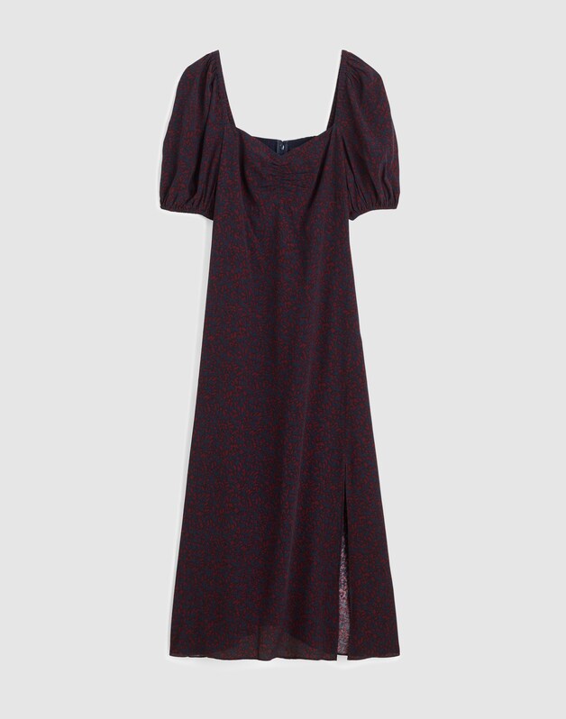 Puff-Sleeve Sweetheart Midi Dress ABSTRACT LEAF NAVY AND BURG
