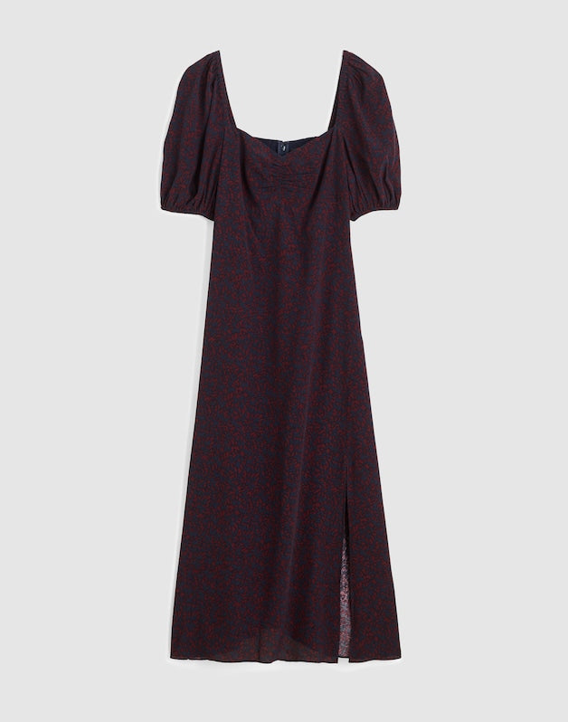 Puff-Sleeve Sweetheart Midi Dress ABSTRACT LEAF NAVY AND BURG