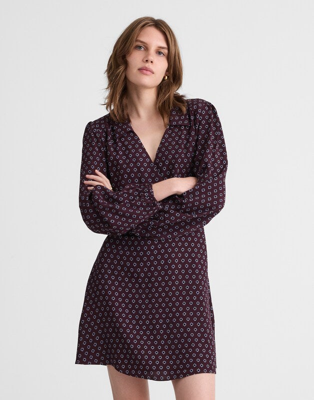 Puff-Sleeve Mini Wrap Shirtdress BURG FOULARD