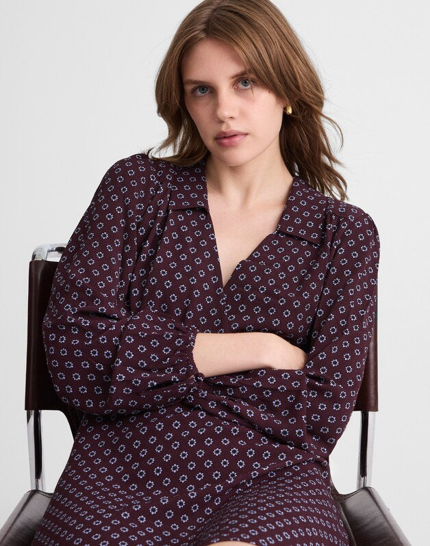 Puff-Sleeve Mini Wrap Shirtdress BURG FOULARD