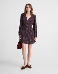Puff-Sleeve Mini Wrap Shirtdress BURG FOULARD