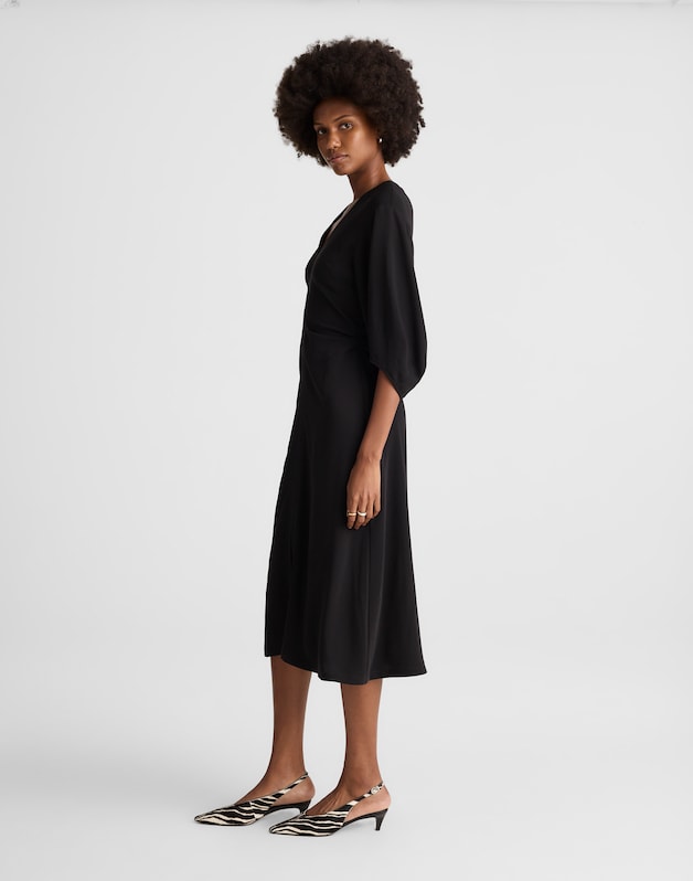 V-Neck Ruched Midi Dress JET BLACK