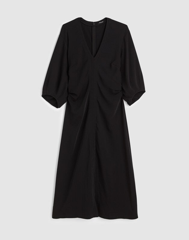 V-Neck Ruched Midi Dress JET BLACK