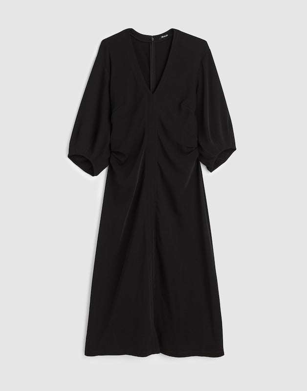 V-Neck Ruched Midi Dress JET BLACK