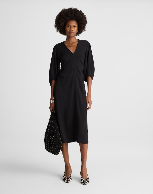 V-Neck Ruched Midi Dress JET BLACK