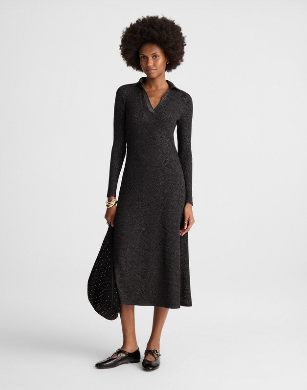 Ribbed Y-Neck Polo Maxi Dress LUREX BLACK