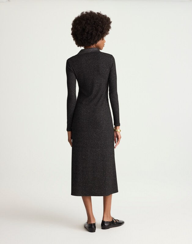 Ribbed Y-Neck Polo Maxi Dress LUREX BLACK