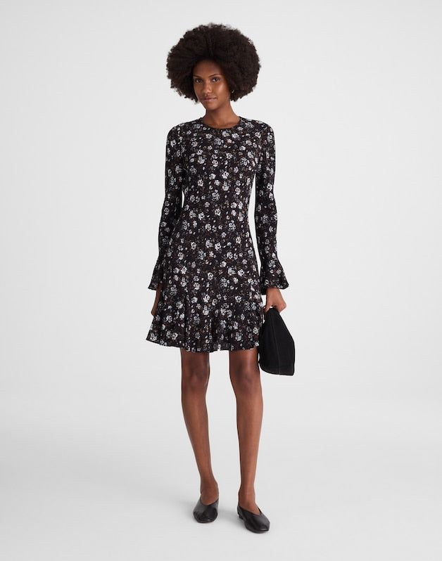 Long-Sleeve A-Line Mini Dress ROSE  BROWN AND IVORY