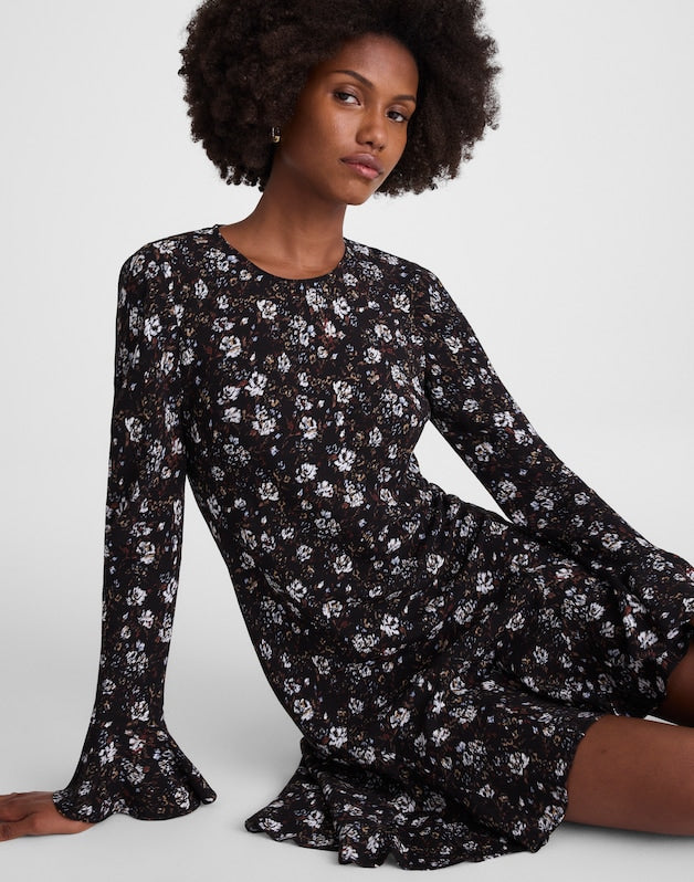 Long-Sleeve A-Line Mini Dress ROSE  BROWN AND IVORY