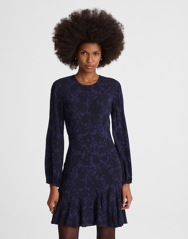 Puff-Sleeve Flare Mini Dress ALEXIS FLORAL NAVY