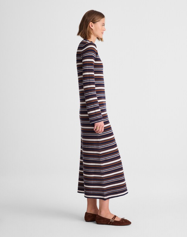 Crewneck Sweater Maxi Dress in Merino Wool NAVY MULTI STRIPE