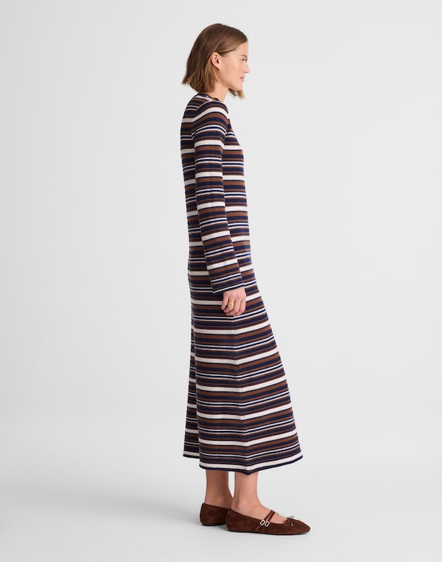 Crewneck Sweater Maxi Dress in Merino Wool NAVY MULTI STRIPE