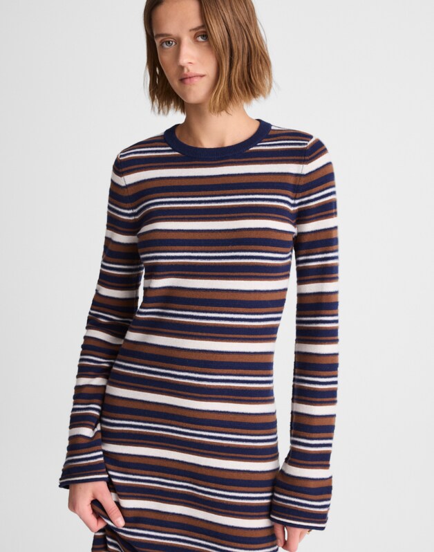 Crewneck Sweater Maxi Dress in Merino Wool NAVY MULTI STRIPE