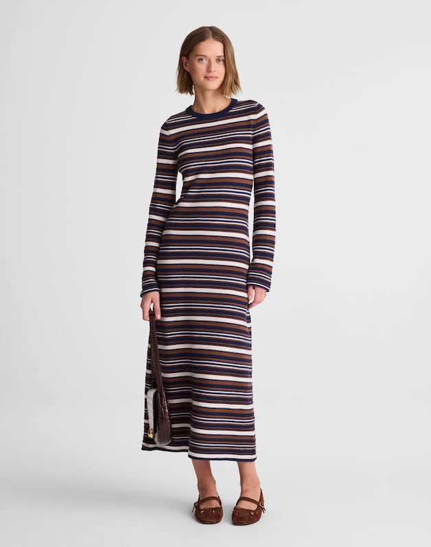 Crewneck Sweater Maxi Dress in Merino Wool NAVY MULTI STRIPE