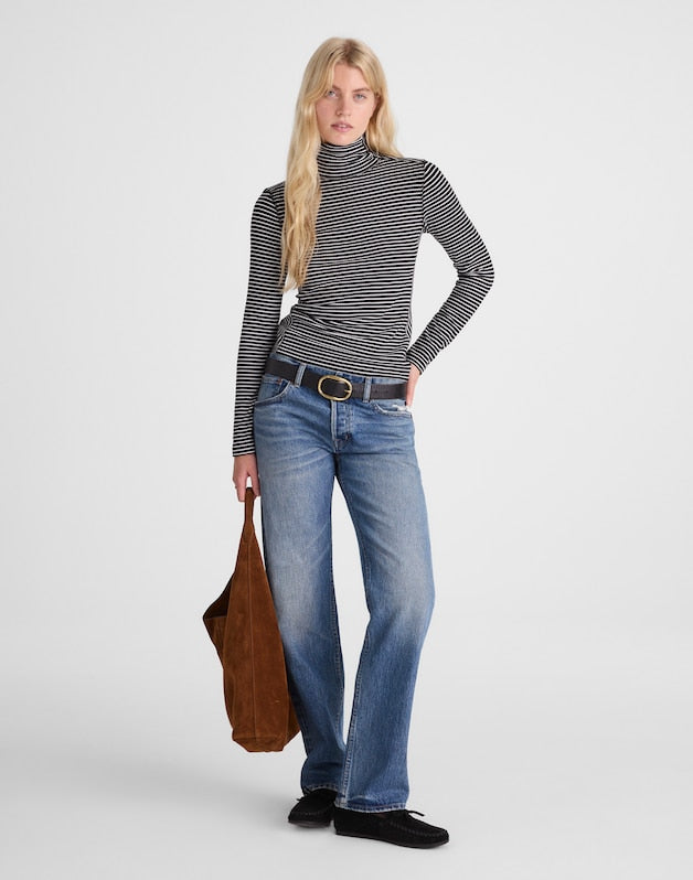 Ribbed Turtleneck Tee in Stripe WINTER WHITE