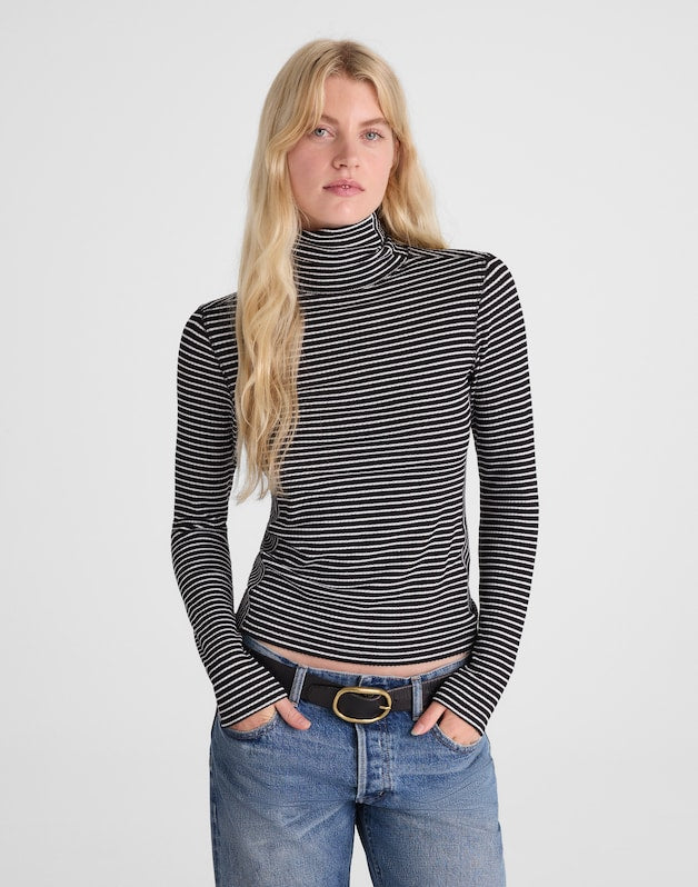 Ribbed Turtleneck Tee in Stripe WINTER WHITE