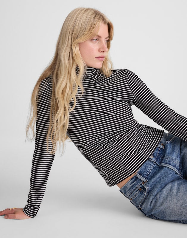 Ribbed Turtleneck Tee in Stripe WINTER WHITE