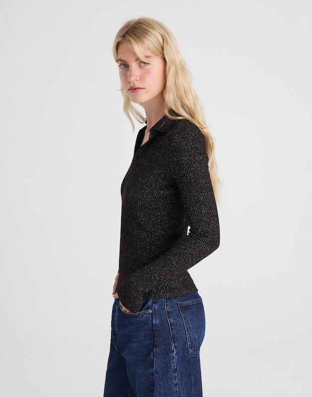 Sparkle Long-Sleeve Polo Top LUREX BLACK