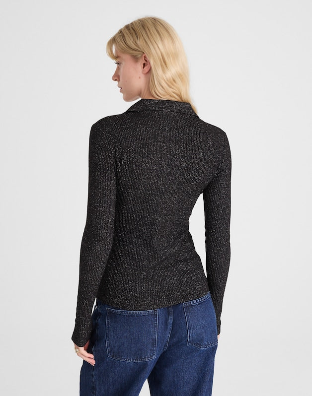 Sparkle Long-Sleeve Polo Top LUREX BLACK
