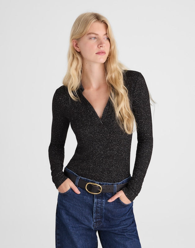 Sparkle Long-Sleeve Polo Top LUREX BLACK