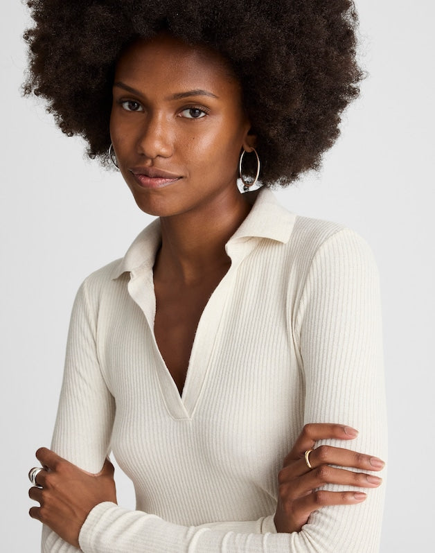 Sparkle Long-Sleeve Polo Top LUREX ANTIQUE CREAM