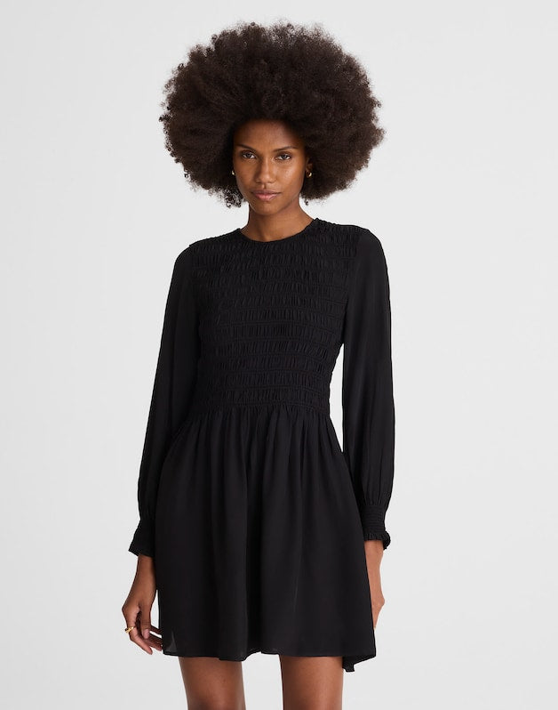 Long-Sleeve Smocked Mini Dress JET BLACK