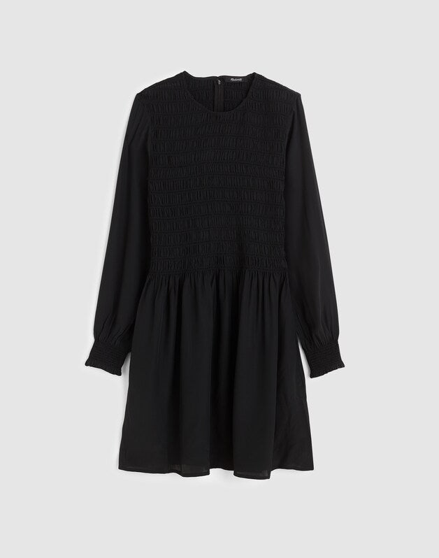 Long-Sleeve Smocked Mini Dress JET BLACK