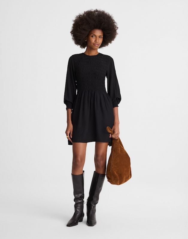Long-Sleeve Smocked Mini Dress JET BLACK