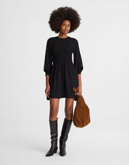 Long-Sleeve Smocked Mini Dress JET BLACK