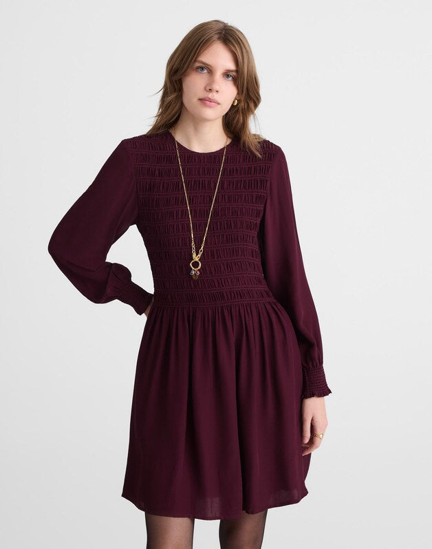Long-Sleeve Smocked Mini Dress DARK POMEGRANATE