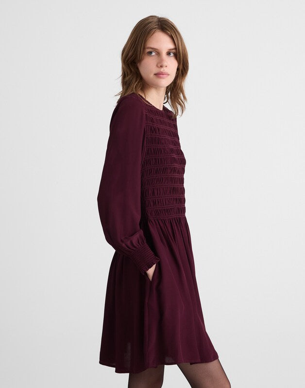 Long-Sleeve Smocked Mini Dress DARK POMEGRANATE