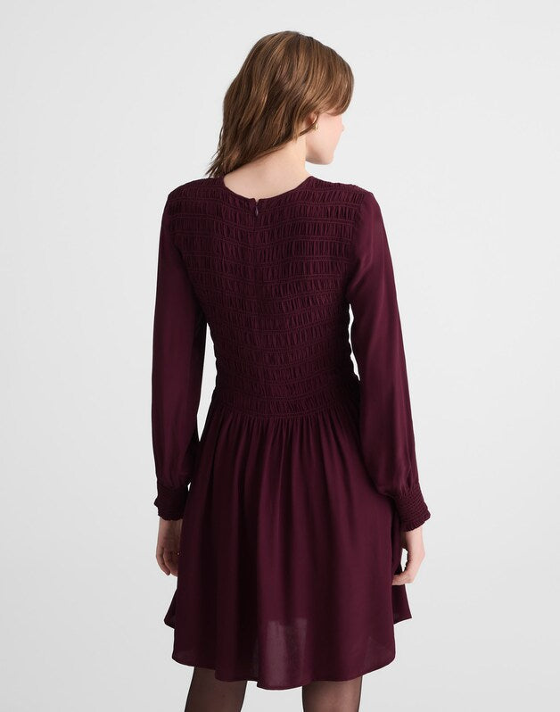 Long-Sleeve Smocked Mini Dress DARK POMEGRANATE