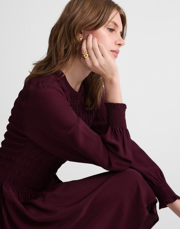 Long-Sleeve Smocked Mini Dress DARK POMEGRANATE