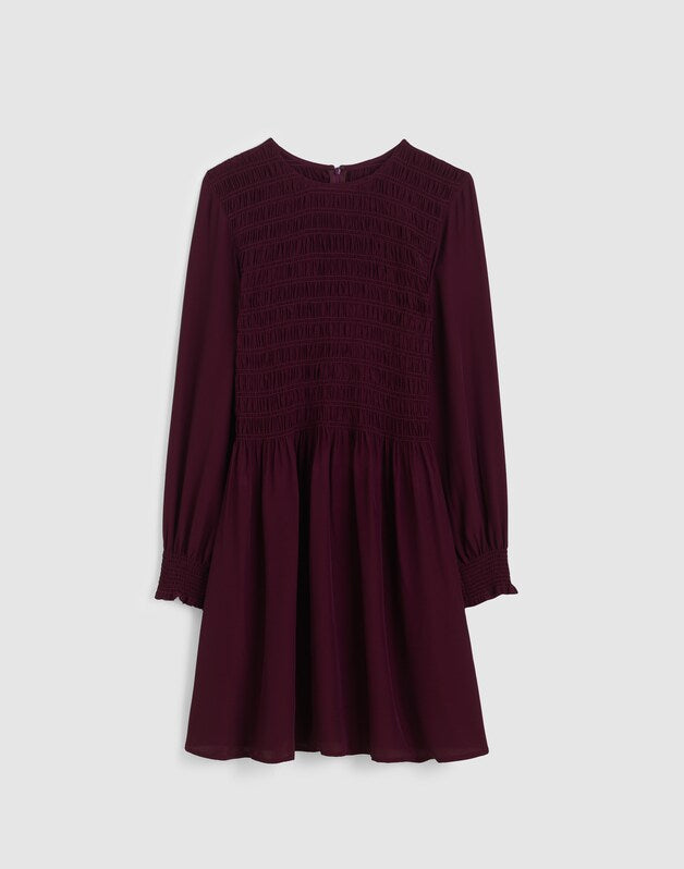 Long-Sleeve Smocked Mini Dress DARK POMEGRANATE