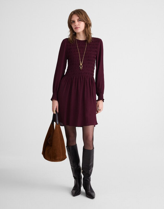 Long-Sleeve Smocked Mini Dress DARK POMEGRANATE