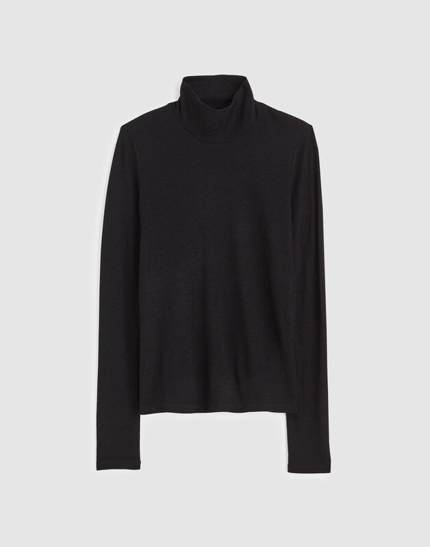 Turtleneck Long-Sleeve Top in Wool Blend JET BLACK