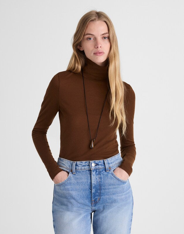 Turtleneck Long-Sleeve Top in Wool Blend DARK PECAN
