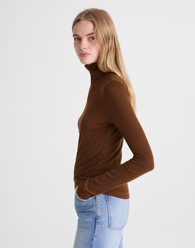 Turtleneck Long-Sleeve Top in Wool Blend DARK PECAN