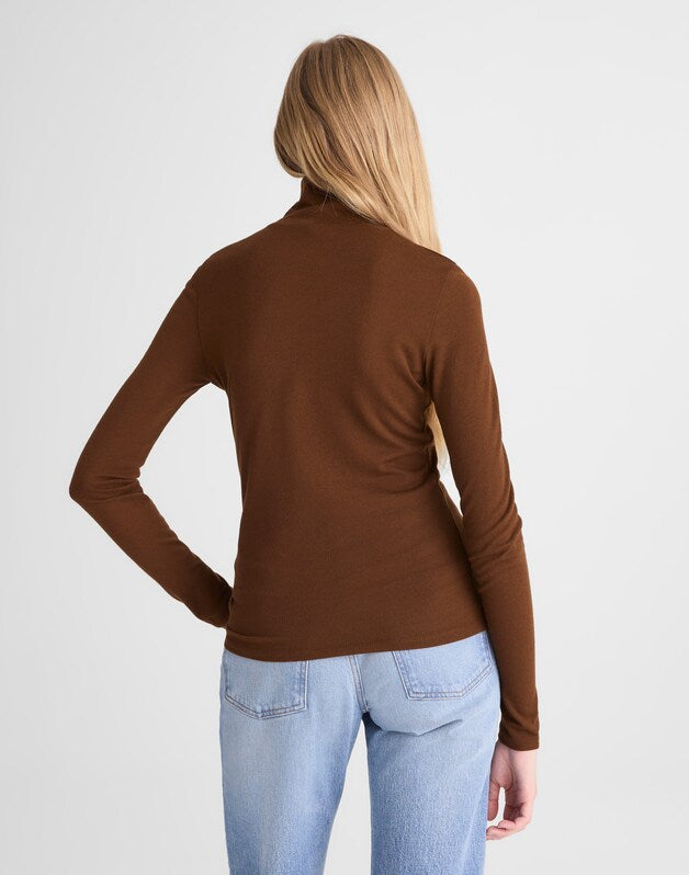 Turtleneck Long-Sleeve Top in Wool Blend DARK PECAN
