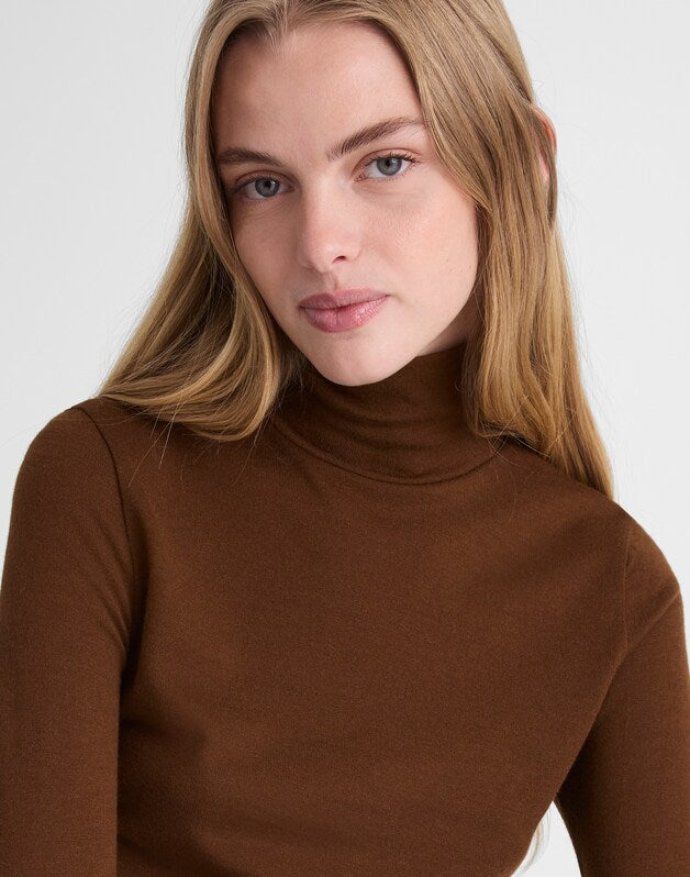 Turtleneck Long-Sleeve Top in Wool Blend DARK PECAN