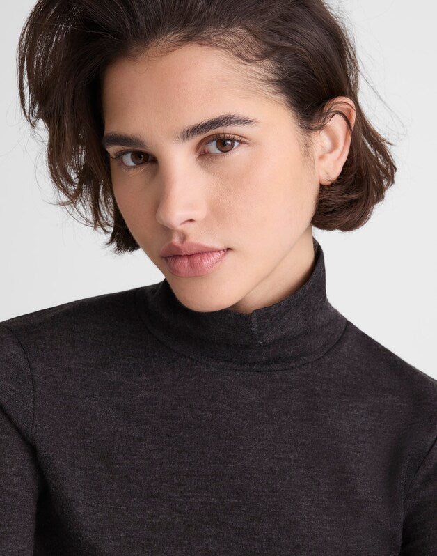Turtleneck Long-Sleeve Top in Wool Blend HTHR CHARCOAL