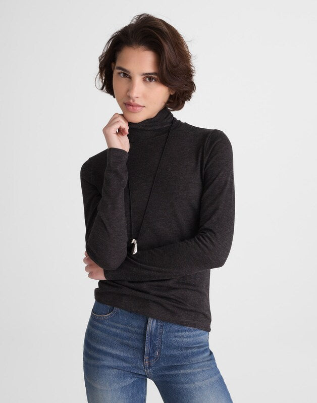 Turtleneck Long-Sleeve Top in Wool Blend HTHR CHARCOAL