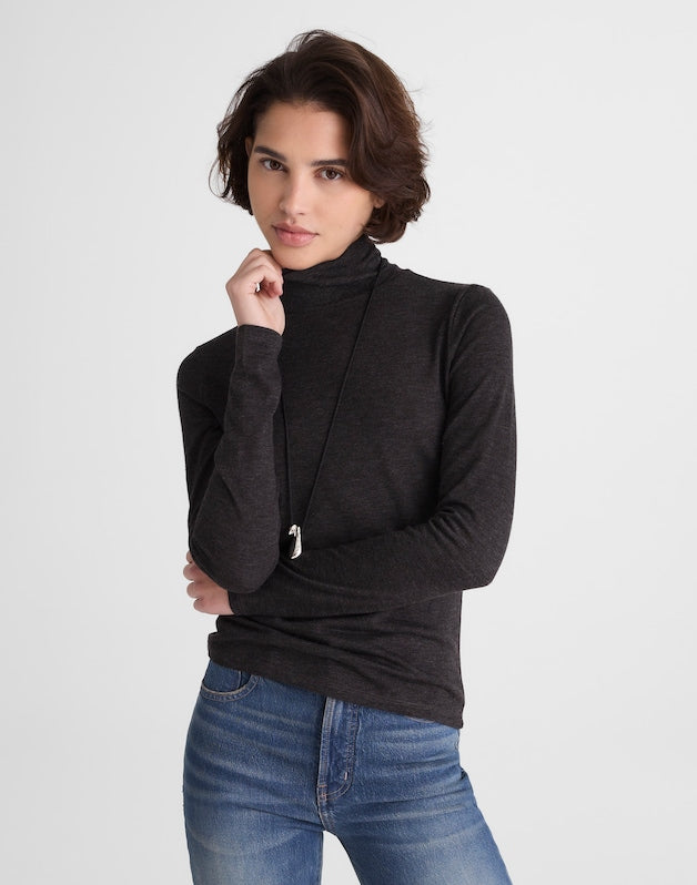 Turtleneck Long-Sleeve Top in Wool Blend HTHR CHARCOAL